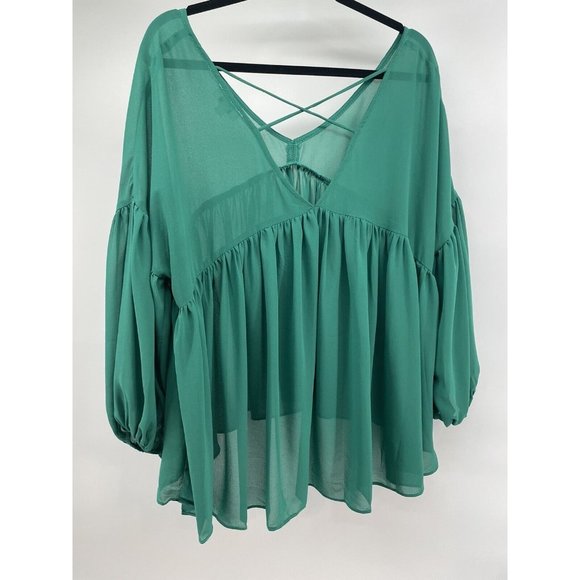 Umgee Women’s Top Medium Baby Doll Open Cross Cross Back‎ Balloon Sleeve Green - Picture 7 of 13
